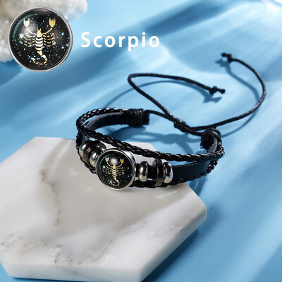 

12 Constellations Punk Leather Zodiac Sign Beads Bangle Bracelets For Women Men Jewelry Travel Bracelets Holiday Gift