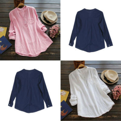 

Women Casual Loose Cotton Linen Button Long Sleeve Long Shirt Blouse Tunic Tops