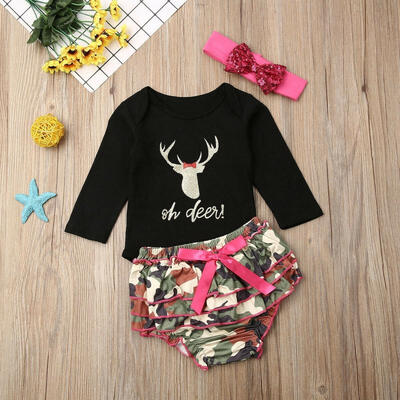 

3PCS Christmas Newborn Baby Girl Outfits Oh Deer Printed Long Sleeve Bodysuits BlackCamo Ruffled Brief Shorts 0-18M
