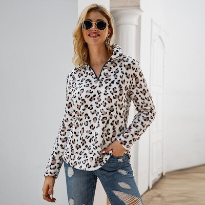 

Fashion Women Autumn Leopard Print Fluffy Hoodie Turn-Down Collar Long Sleeve Zipper Casual Pullover Outerwear