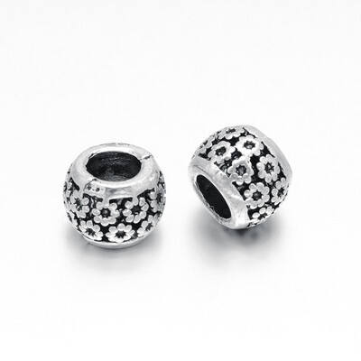 

Tibetan Style Zinc Alloy Rondelle with Flower European Large Hole Beads Lead Free & Nickel Free Antique Silver 10x75mm