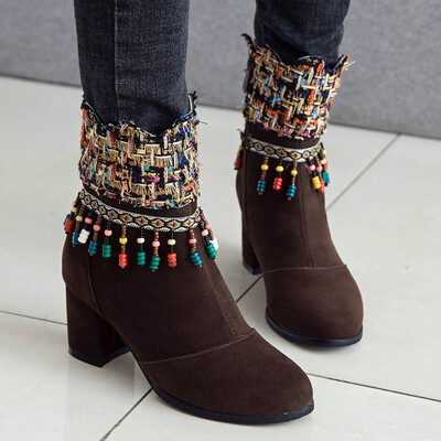 

Rose New Chunky Ankle Boots Zipper Boots National Sstyle High-Heeled Women Boots