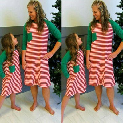 

Xmas Striped Matching Women Girl Mother Daughter Christmas Dress Family Costume