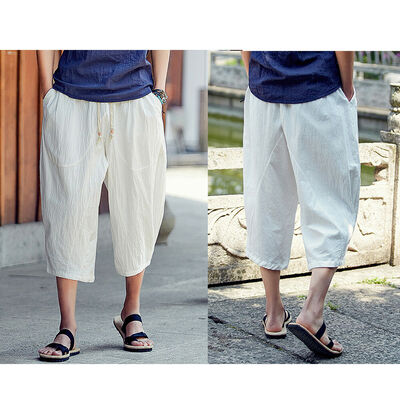 

Mens Casual Loose Drawstring Harem Drop Crotch Linen Trousers Short Beach Pants
