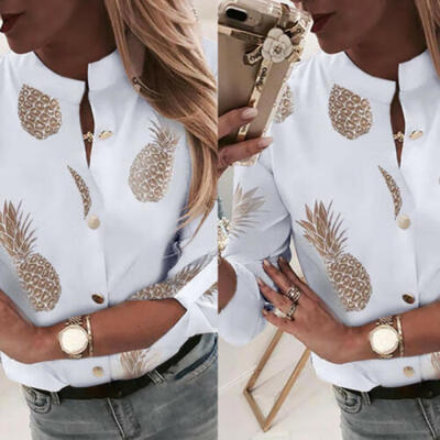 

Summer Women Ladies Long Sleeve Pineapple Floral Print Tops Casual Blouse Shirts