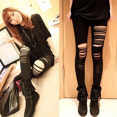 

Womens Stylish Ripped Holes Sexy Leggings Punk Hole Ripped Slit Split Leggings Party Gothic Pants