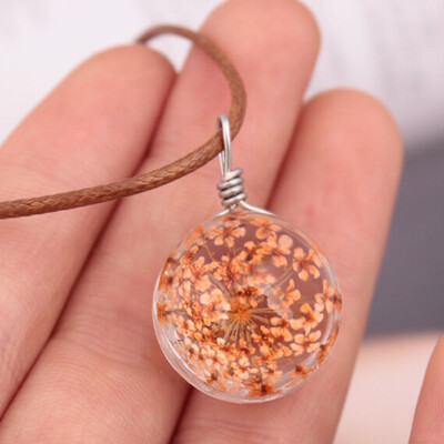 

Hot New Creative Personality Time Gemstone Dandelion Dried Flowers Transparent Spherical Pendant Leather Cord Necklace