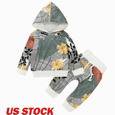 

2pcs Kids Baby Boy Girl Floral Cotton Hooded Coat TopsPants Sport Clothes Sets