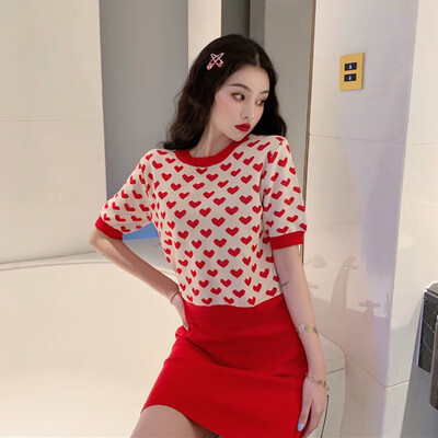 

Summer Design Women O-Neck Short Sleeve Color Block T-Shirt Heart Pattern Loose Ice Silk Knitted Tops