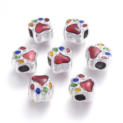 

Alloy Enamel European Beads Large Hole Beads Dog Paw Print Silver Colorful 11x10x7mm Hole 45mm