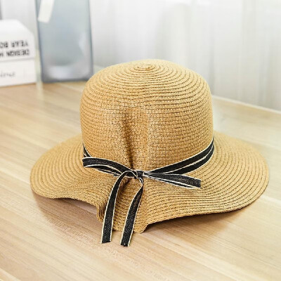 

Women Hat Summer Fall Sunscreen Bow Straw Weaving Hat Wide Brim Folding Collapsible Travel Beach Suns Visor UV Protection Cap Khak