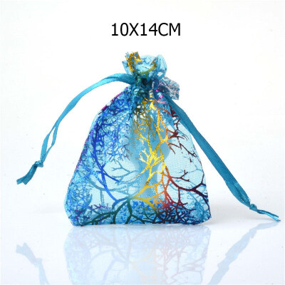 

FUNNYBUNNY 100Pcs Drawstring Organza Bags Jewelry Favor Pouches with Coralline Print for GiftWeddingPartyFestival Blue