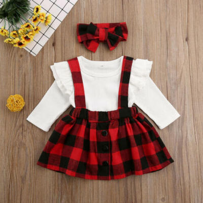 

Christmas Infant Baby Girl Knitted Romper Plaids Bib Tutu Skirt 3PCS Clothes Set