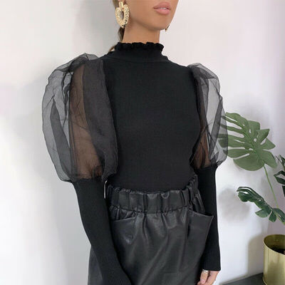 

Womens Fashion Sheer Pullover Casual Shirts Mesh Puff Sleeve Blouse Slim Tops