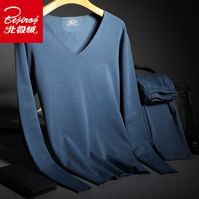 

Arctic velvet graphene free cut velvet sanding mens thermal underwear men&women cotton wool bottoming shirt V-neck autumn clothing long pants suit mens denim blue
