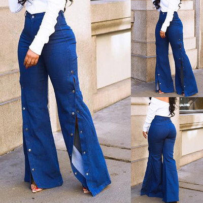 

Tailored Womens High Waist Loose Jeans Button Pants Trousers Bell-bottom Pants