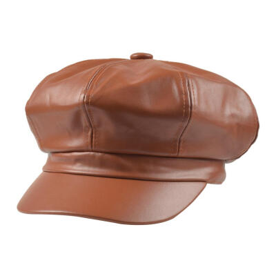 

Women Vintage Faux Leather Solid Color Outdoor Beret Painter Flat Hat Peaked Cap