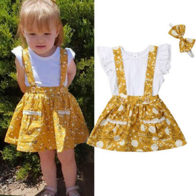 

Toddler Kids Baby Girls Tops T-shirt Floral Suspender Skirt 3PCS Outfits Summer
