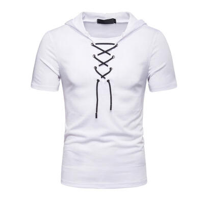 

Lace-up Hooded Cotton T-Shirt Loose Short Sleeve Tees Casual Tops For Men