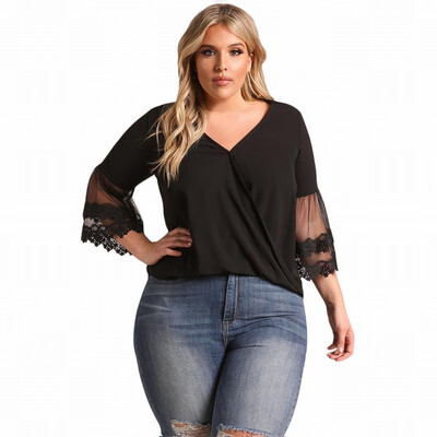 

Large size V-neck tulle embroidered cropped sleeves shirt womens