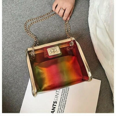 

Women&39s PVC Iridescent Gammaray Bag Clear Transparent Tote Chain Handbag Purse