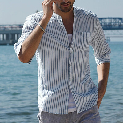 

Toponeto Mens Baggy Linen Blend Striped Three Quarter Sleeve Pocket Stand Collar Shirts
