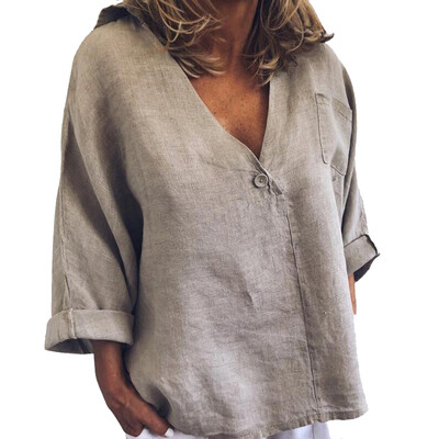 

Ladies Loose Shirts V-neck Summer Tops Casual T-shirt Solid Tops Retro Plus Size