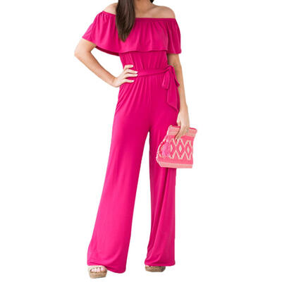 

Solid Color Ruffle Jumpsuit Women Off Shoulder Wide Leg Bandage Bodysuit