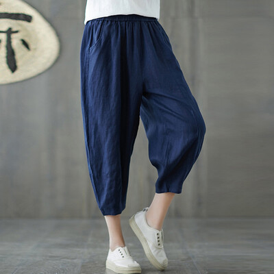 

Fashion Womens Solid Cotton&Linen Pocket Elastic Waist Trousers Seven Pants