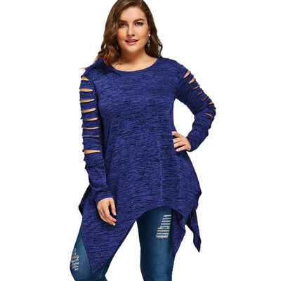 

Plus Size Marled Ripped Sleeve Handkerchief Top