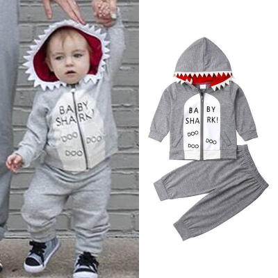 

Toddler Kids Toddler Baby Boy Shark Hooded Tops Coat Pants Grey Outfits Clothes Set 6M-4T