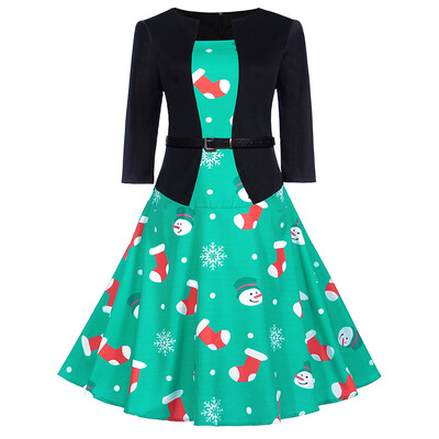 

Vintage Christmas Socks Snowman Print Flare Dress