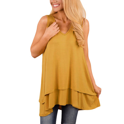 

Nomeni Women Casual Sleeveless V-Neck Ruffle Layer Asymmetric Hem Tunic Tank Top Blouse