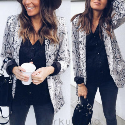 

Womens Long Sleeve Python Blazer Suit Front Open Coat Ladies OL Jacket Outwear