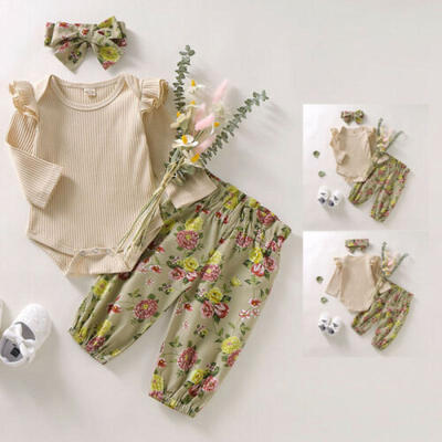 

Newborn Infant Baby Girl Floral Outfit Clothes Romper TopsPantsHeadband Set