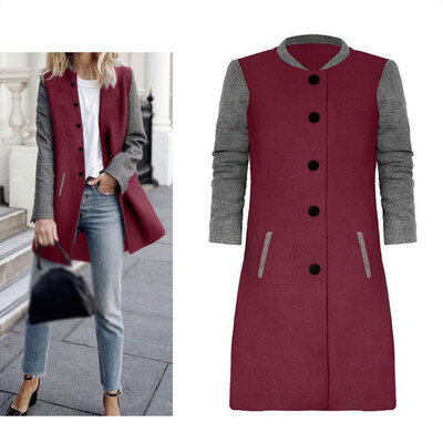 

New 2019 Autumn Winter Color Patchwork Woolen Coat Women Long Sleeve Fashion Streetwear Causal Jacket Blend Overcoat X