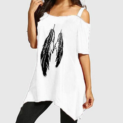 

Starmoon Women Fashion Feather Print One-Shoulder Large Size Irregular Hem T-Shirt