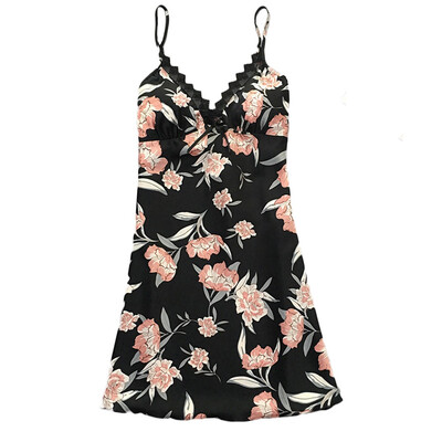 

Toponeto Women Satin Flower Printint Silk Lingerie Bow Lace Pajamas Sleepwear Nightdress