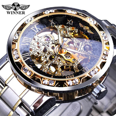 

WINNER Men Automatic Watch Fashion Diamond Display Luminous Hands Gear Movement Retro Mechanical Skeleton Watches Luxury Casual Bu