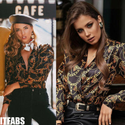 

Sexy Women V neck Floral Loose Tops OL Ladies Casual Black Blouse Autumn