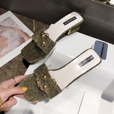 

Slippers Women Wear Cold Slippers Outside Summer Women Korean Edition of Rough-heeled Transparent Metal Button Fashion Slippers