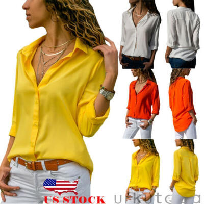 

Women Long Sleeve V-neck Loose Tops T Shirt OL Ladies Plain Casual Button Blouse