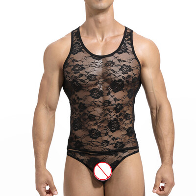 

Mens Round Neck Tops Muscle Tight See Trough Sleeveless Sexy Sport Gym Shirts