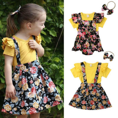 

3Pcs Newborn Kids Baby Girls Tops T-shirt Suspender Romper Dress Outfits Clothes