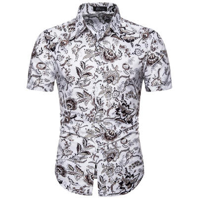 

Mens Short Sleeve Retro Print Shirt Casual Button Down Floral Shirts