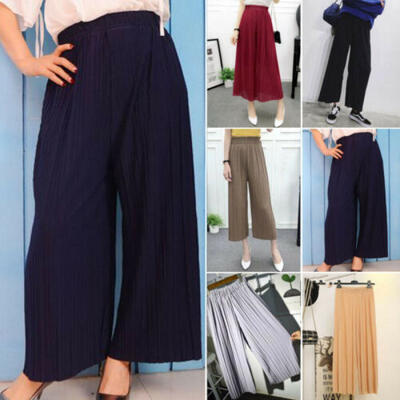 

Summer Pleated Chiffon Wide Leg Pants Elastic Waist Trousers Women Casual Pants