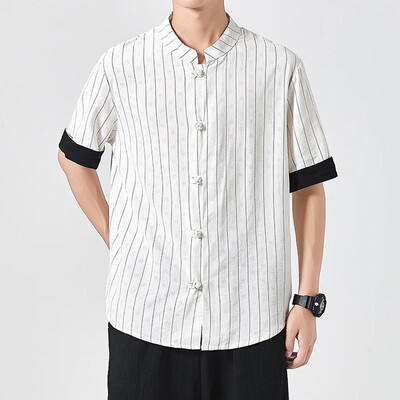

Toponeto Mens Summer Casual Cotton Linen Vintage Style Stripe Short Sleeve Top Blouse