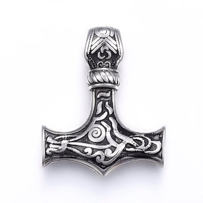 

304 Stainless Steel Pendants Thors Hammer Antique Silver 37x30x9mm Hole 5mm