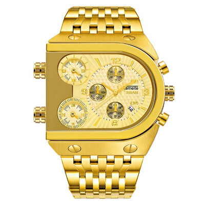 

Top Brand Men 3 Times Zone Quartz Watches Square male Military sports watch Luxury Gold Stainless Steel clock