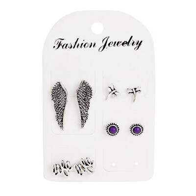 

4 Pairs Vintage Card Game Mix Dragonfly Wings Stud Earrings Crystal Earring